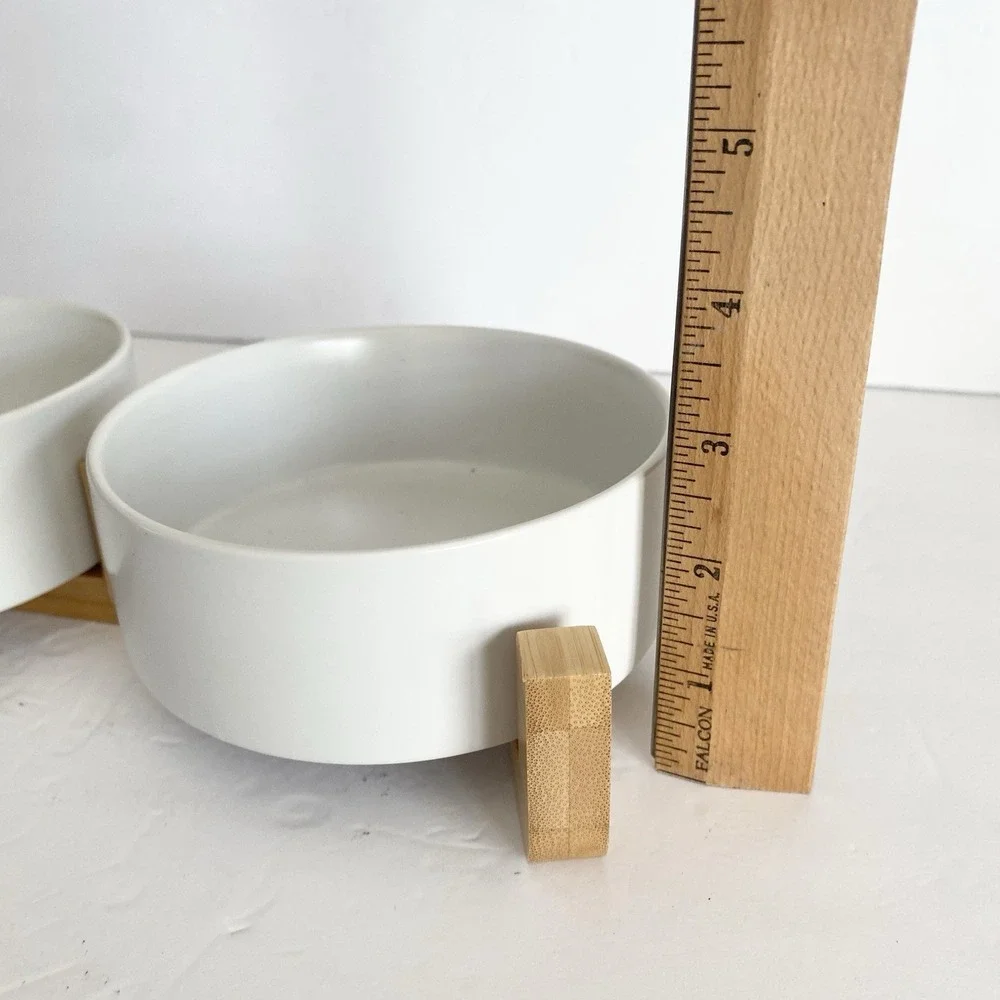 SPUNKYJUNKY White Ceramic Dog Cat Bowl with Wood Stand Small Dogs 13.5oz New‎